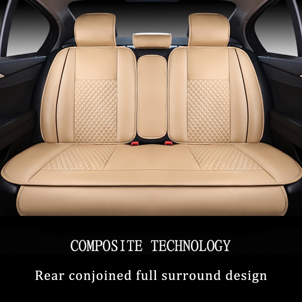 Maidao Universal Faux Leather Car Seat Covers Full Set,Auto Interior Accessories 5 Seat Covers All Season Fit for SUV,Sedan,Van, Airbag Compatible with Pillow Beige