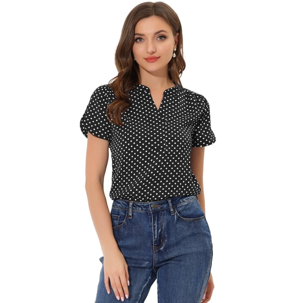 Blusa de oficina Allegra K Cuello en V Estampado de puntos Negro L