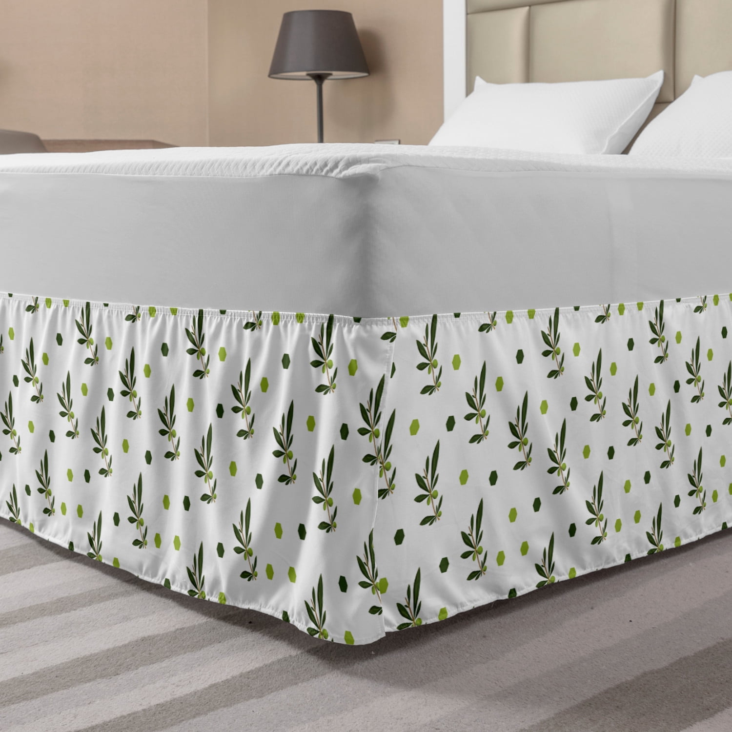 Olive Bed Skirt, Pattern of Hexagons and Leafy Branches Scattered