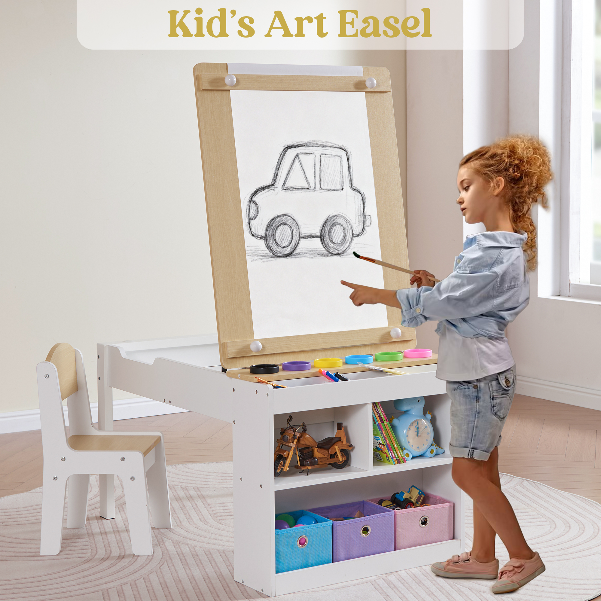 Kids Art Table Set with Chairs, 3-in-1 Kids Art Easel & Craft Desk for Coloring Drawing, Activity Table with 6 Paint Cups, 6 Storage Bins & Paper Roll Holder