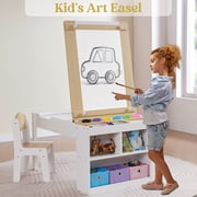 Kids Art Table Set with Chairs, 3-in-1 Kids Art Easel & Craft Desk for Coloring Drawing, Activity Table with 6 Paint Cups, 6 Storage Bins & Paper Roll Holder