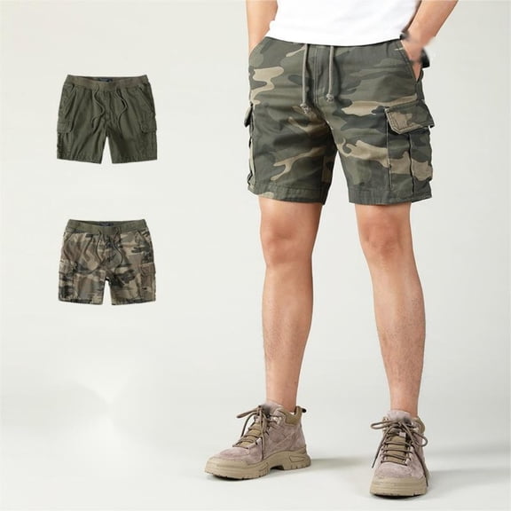 LYMAYTER Men's Camo Cargo Shorts 5-Inch Multi-Pocket Outdoor Stretch Comfort Casual Shorts