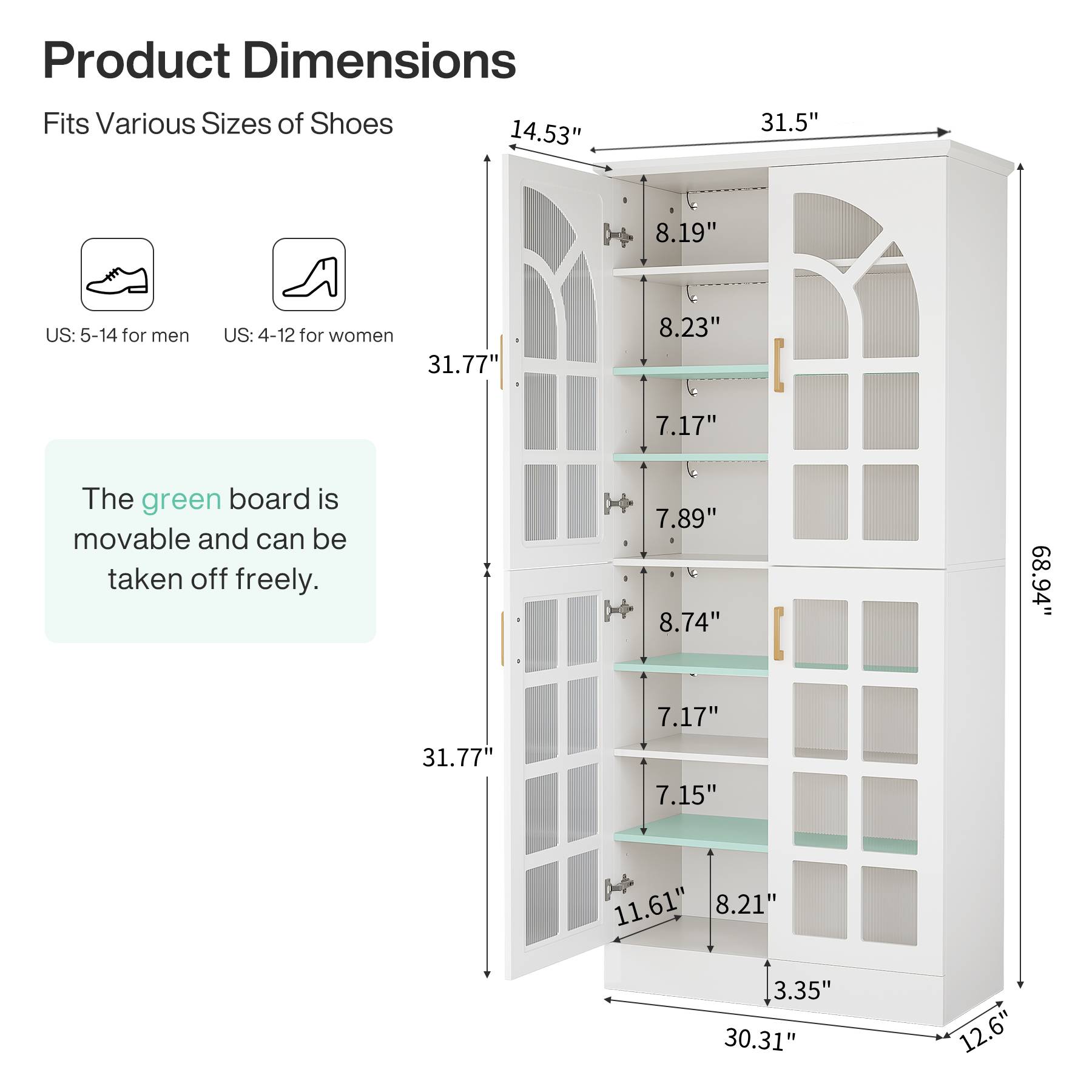Tribesigns 8-Tier Shoe Cabinet with Doors and Led Lights, 76" Tall Shoe Rack Organizer with Adjustable Shelves for Entryway, Closet, Living Room, White