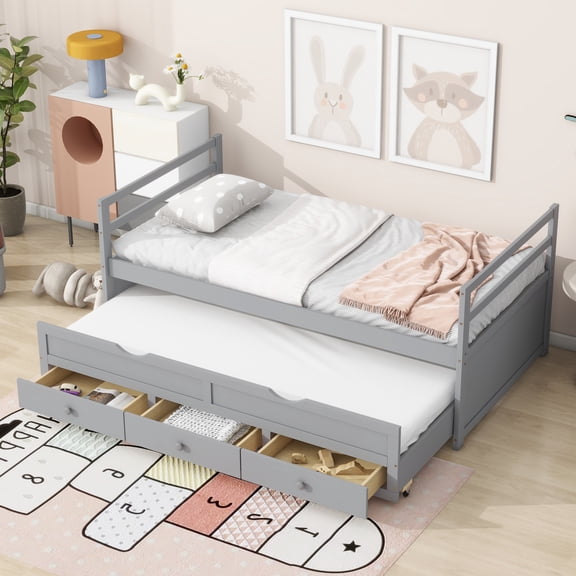 Twin Trundle Bed Frame with Storage Drawers, Pine Wood Twin Platform Bed with Headboard and Footboard for Kids, Teens, Adults, Wooden Slats Support, Grey