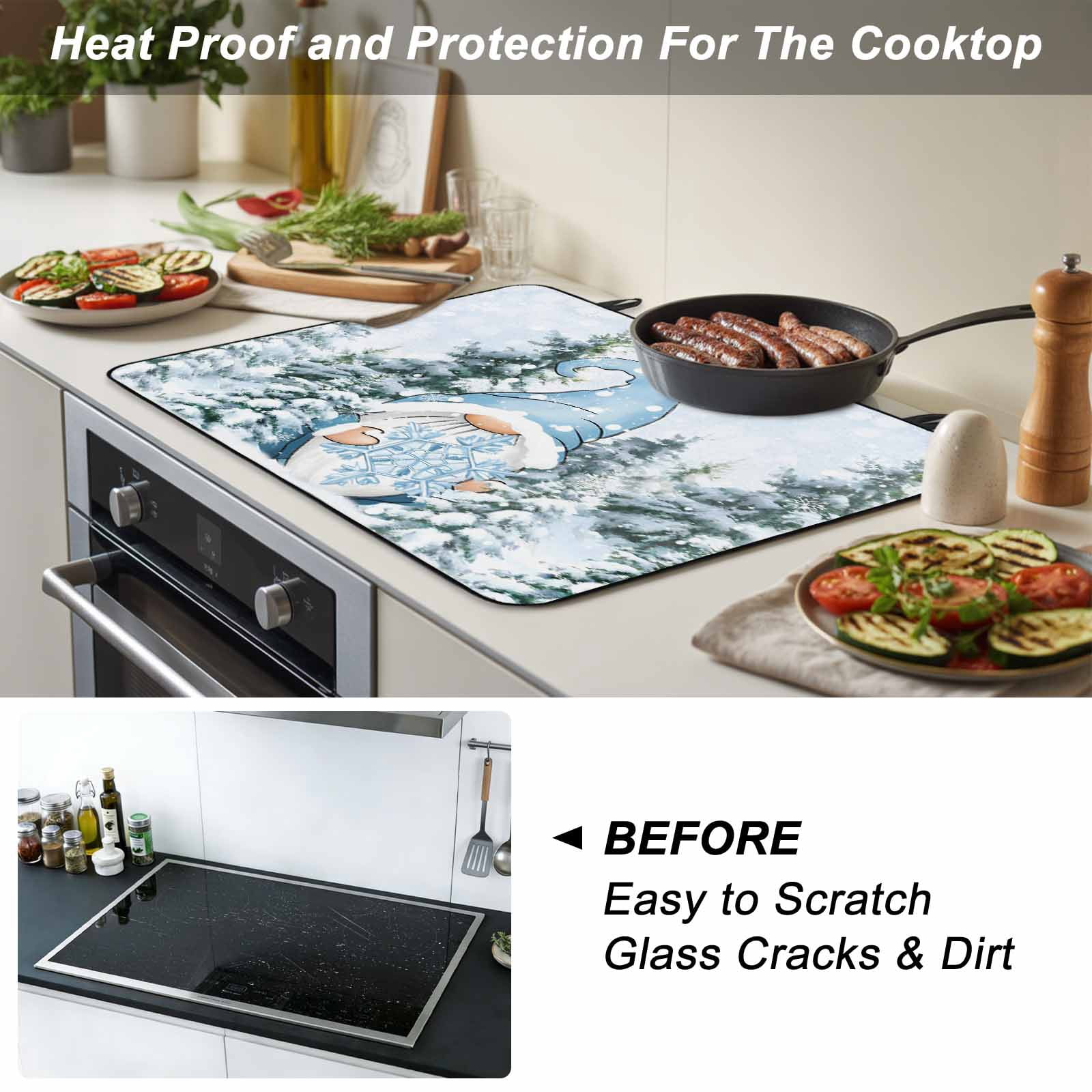 Blue Gnomes Christmas Stove Top Cover for Electric Stove, Heat-proof & Non Slip Glass Top Stove Cover Protector, Xmas Tree Snowflake Winter Kitchen Flat Cooktop Rubber Mat 24x21 Inches