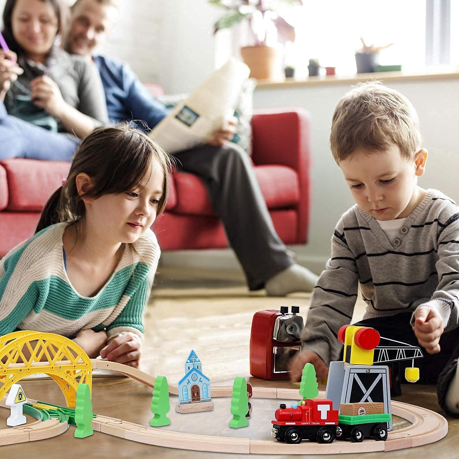 TOY Life Wooden Train Set 60pcs Toddler Boy Toys for 3 Year Old Boys - Wood Train Set with Crane Wood Train Tracks Toys Fits Thomas Brio Melisa Chugginton Gifts for Boys