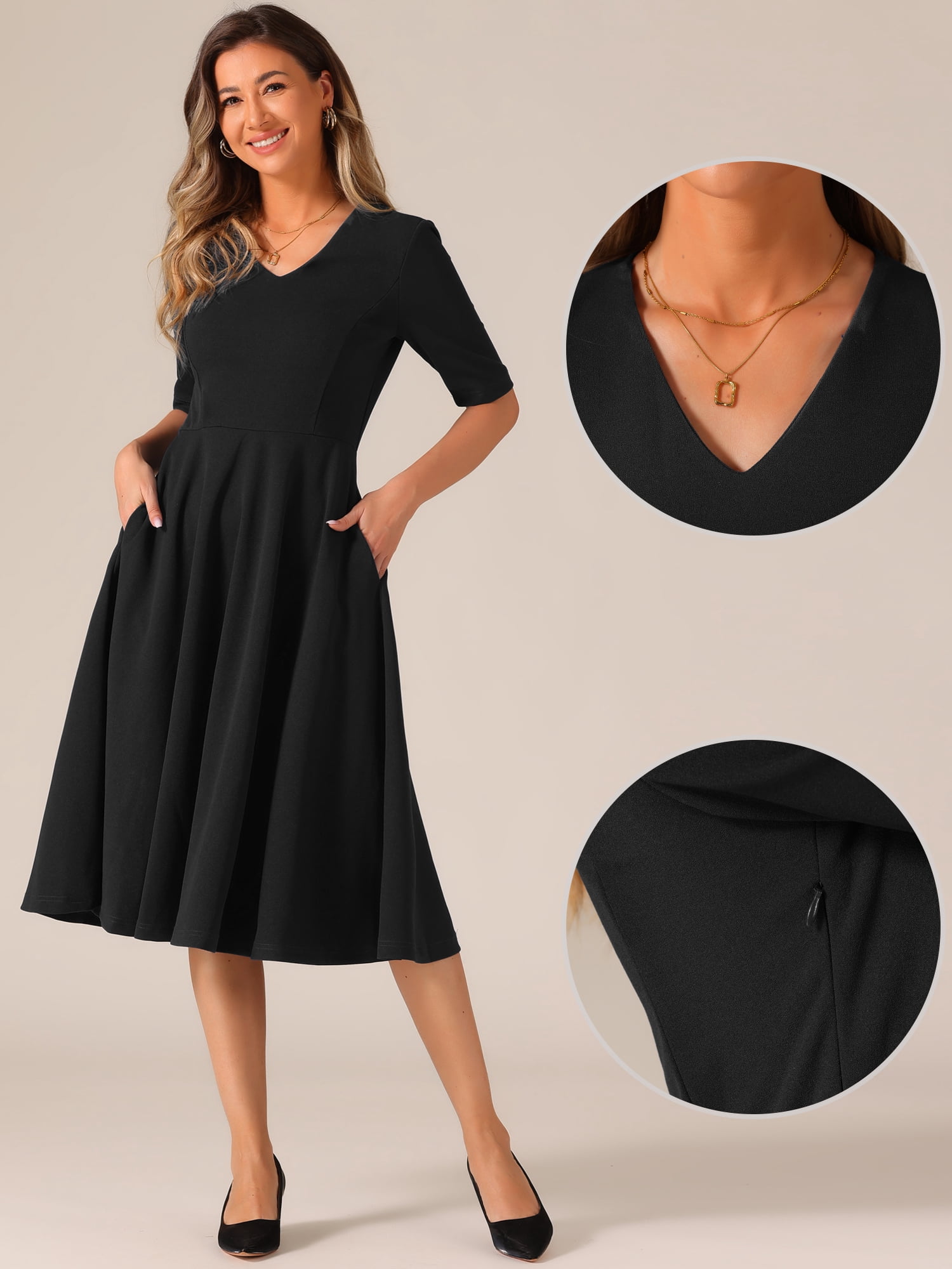 DARING DIVA V Neck Half Sleeve Swing Vintage Dress XS Black