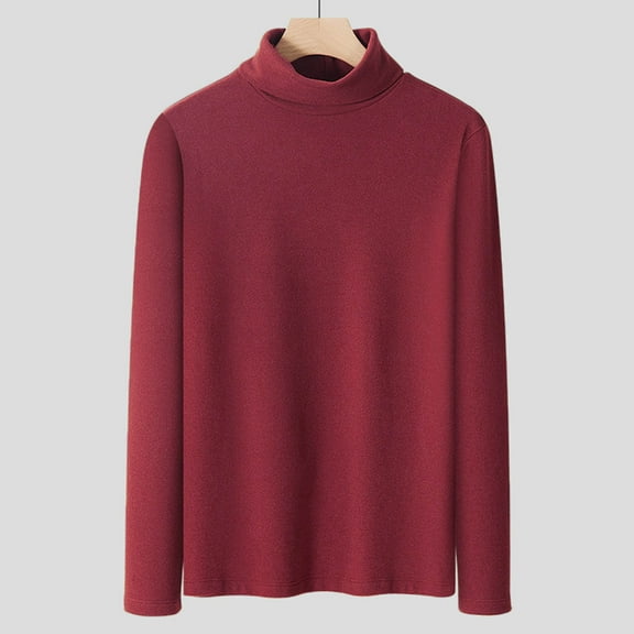 CQONEPT Men's Warm Winter Undershitrts Big and Tall Turtleneck Pullover Tops Long Sleeve Comfy Tunic Tops Wine M