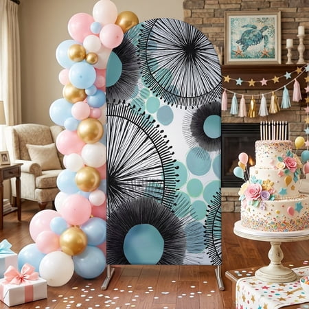 Blue Green Floral Arch Backdrop Covers 4 FT Boho Abstract Floral Teal Dot Wood Grain Stretchy Fitted Arched Stand Covers Party Arch Stand Cover Photo Booth for Wedding Birthday Decor
