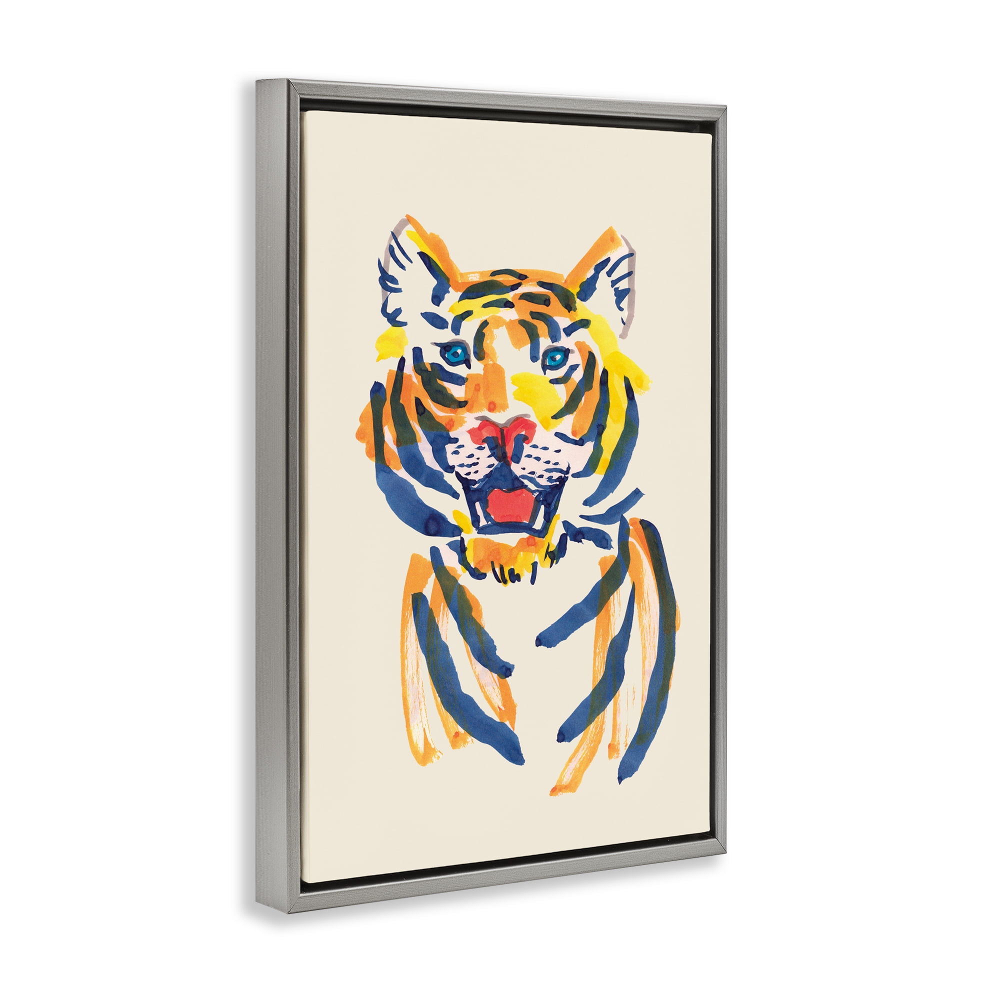 Tiger Roar Watercolor Gray Framed Floater Canvas Wall Art, design by Karolina Sato