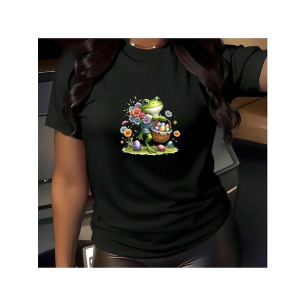 Camiseta ligera de algodón estampada para mujer: Camisa de manga corta cómoda con cuello redondo, 1 pieza, camiseta informal