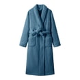 thumbnail image 2 of Women's Double Sided Plush Knee Length Robe, Belted Shawl Collar Bathrobe with Pockets, Soft Flannel Sleepwear, Cozy Long Loungewear, Warm Fleece Open Front Gown Dark Blue One Size, 2 of 7