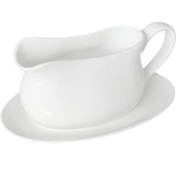 Qlans 17oz Gravy Boat with Saucer Stand, Set of 1, Ceramic Sauce Boat with Tray for Salad Dressings,ketchup， Creamer, Broth, Black Pepper, White