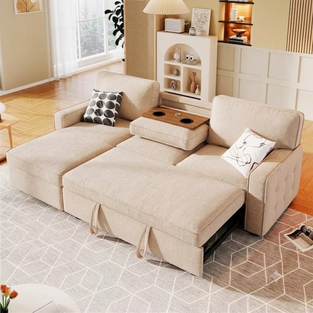 avobird 85.5'' Pull Out Sofa Bed, L Shaped Sleeper Sofa with Flip-Down Center Console & Charging Ports, Chenille Convertible Sofa for Apartment/Living Room, White
