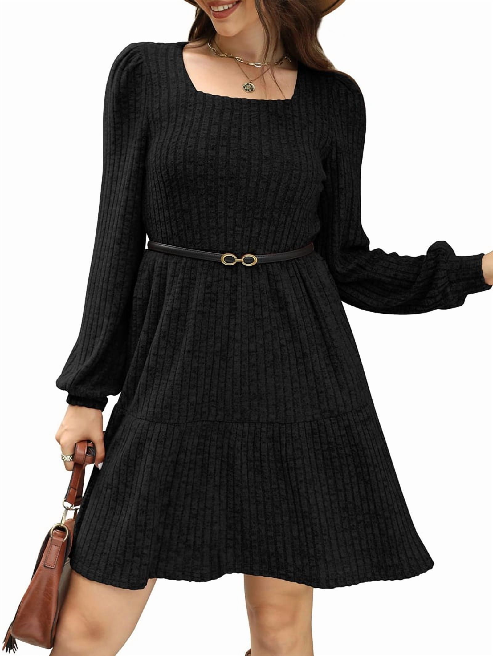 Womens Square Neck Long Sleeve Fall Dresses Casual Babydoll Sweater Dress Black L