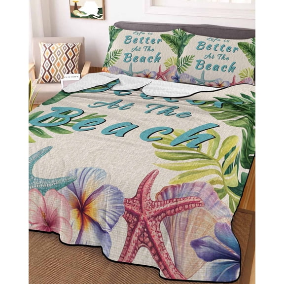 Summer Tropical Palm Leaf Queen Size Down Alternative Comforter, Lightweight Comforter Quilt Bedding Set with Pillow Shams Floral Coastal Starfish Retro All Seasons Bed Comforter Duvet Insert 90"x96"