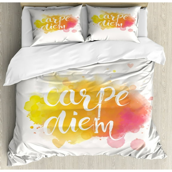 Yellow and White King Size Duvet Cover Set, Watercolor Style with Carpe Diem Seize the Day Enjoy the Moment, Decorative 3 Piece Bedding Set with 2 Pillow Shams, Yellow Marigold Pink, by Ambesonne