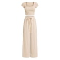 thumbnail image 4 of Women's Summer 2 Piece Matching Lounge Sets Short Sleeve Crop Tops Wide Leg Pants Airport Travel Outfits Beige XL(XL), 4 of 7