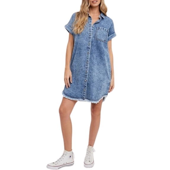 Denim Dress for Women Midi Jean Shirt Dresses Button Down Short Sleeve Summer Womens Jeans Babydoll Pockets Blue XL