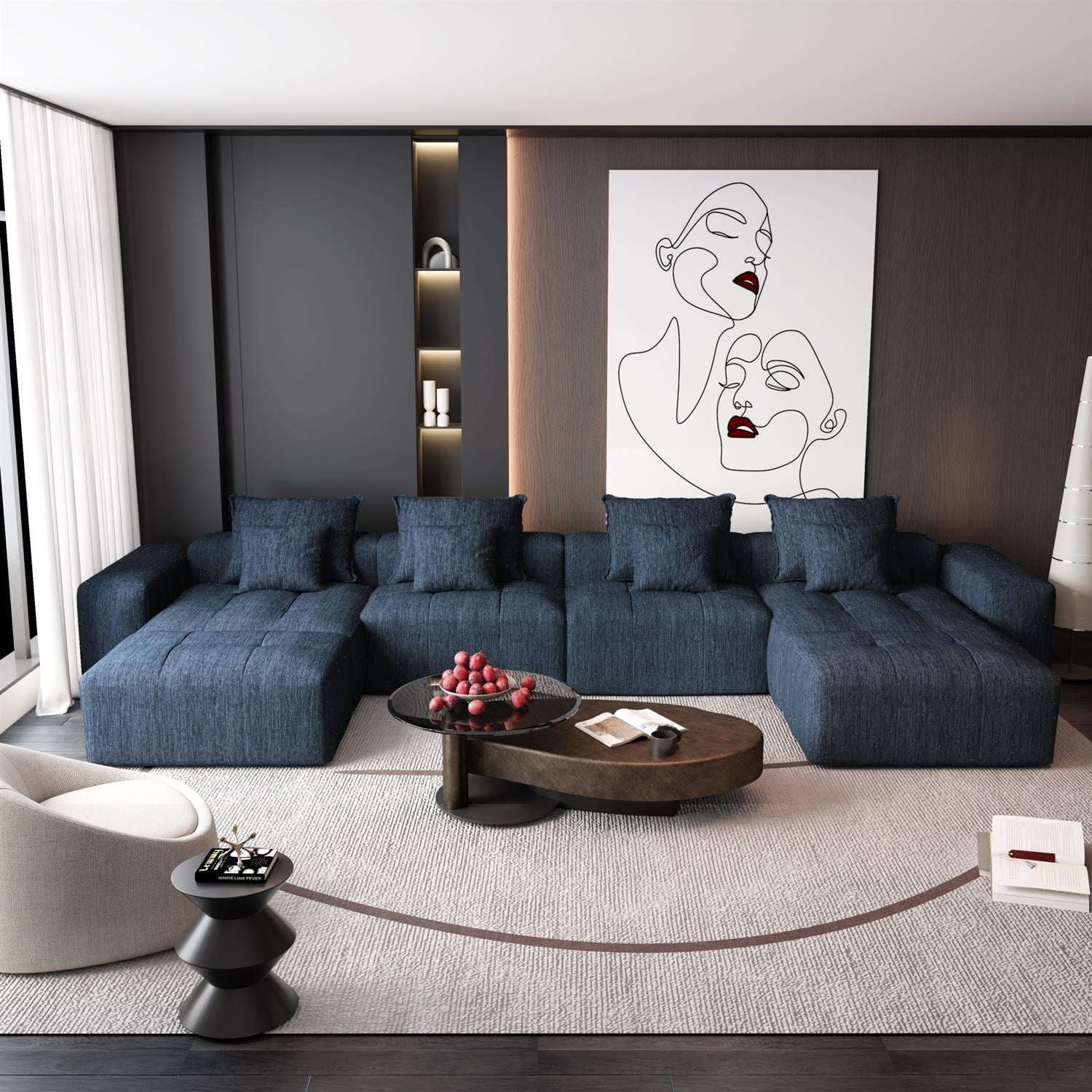 Demi Bonn 127" Modular Sectional Sofa with 8 Throw Pillows, Plush Chenille Upholstery DIY Tufted Couch for Living Room, No Assembly Needed, Blue