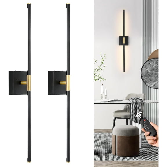 Battery Operated Wall Sconces Set of 2, Dimmable Battery Wall Sconce with Remote Control, Black Gold LED Rechargeable Sconces, 24 Inch Modern Wireless Wall Lights for Bedroom, Living Room