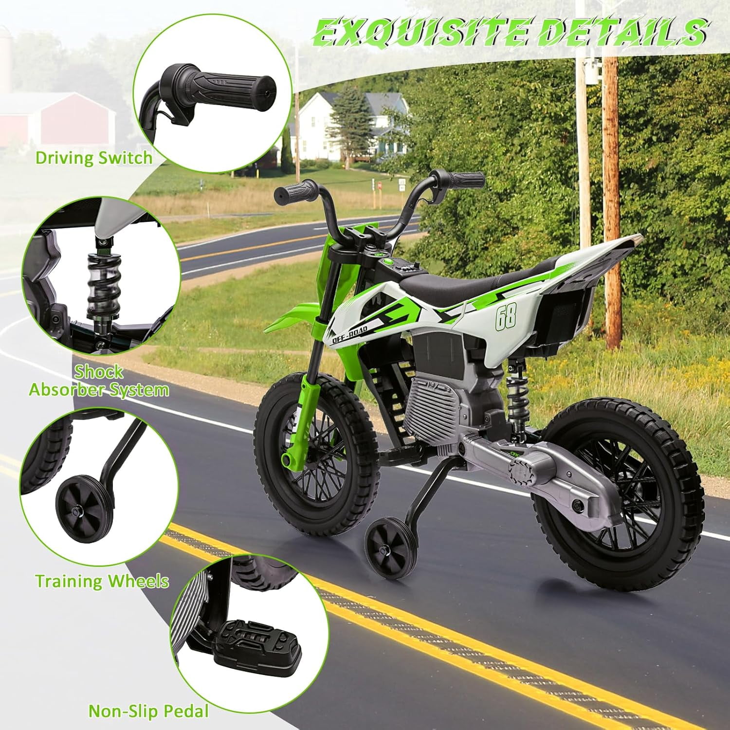 Trilenars 12V Electric Bike in Green with Training Wheels,Green
