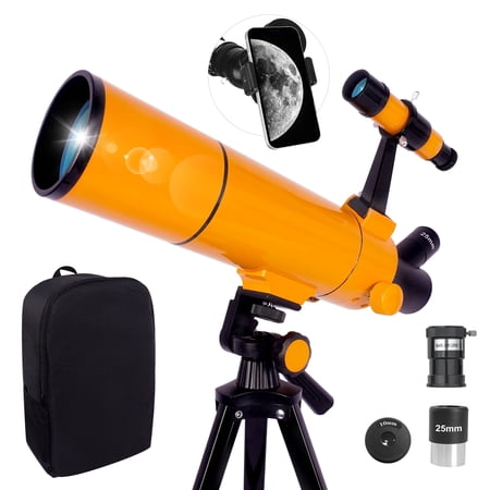 80mm Refractor Telescope for Adults, Kids and Beginners, 500mm, 20X-150X with Backpack, Phone Adapter, Stickers, Yellow