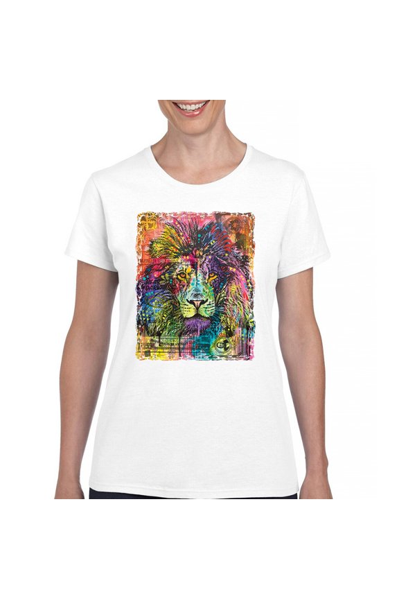 Dean Russo Colorful Lion Head T-Shirt Wild Life King Roar Women's T-Shirt Tee, White, Small