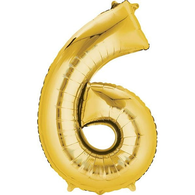 large gold foil balloon in the shape of the number 6