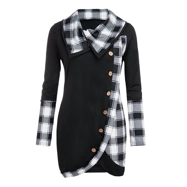 Heliisoer Fashion Women Button Cowl Neck Long Sleeve Pachwork Pliad Print
