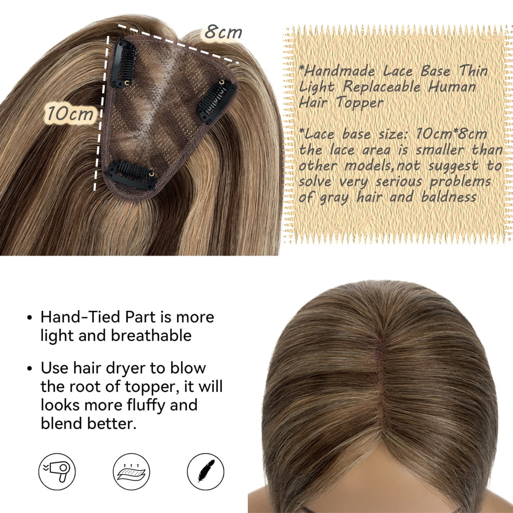 Benehair Clip In Hairpiece 100% Remy Real Human Hair Topper Hair Piece Wigs Handtied Lace Base For Woman Thin Hair Loss Top Piece 8cmx10cm Highlight