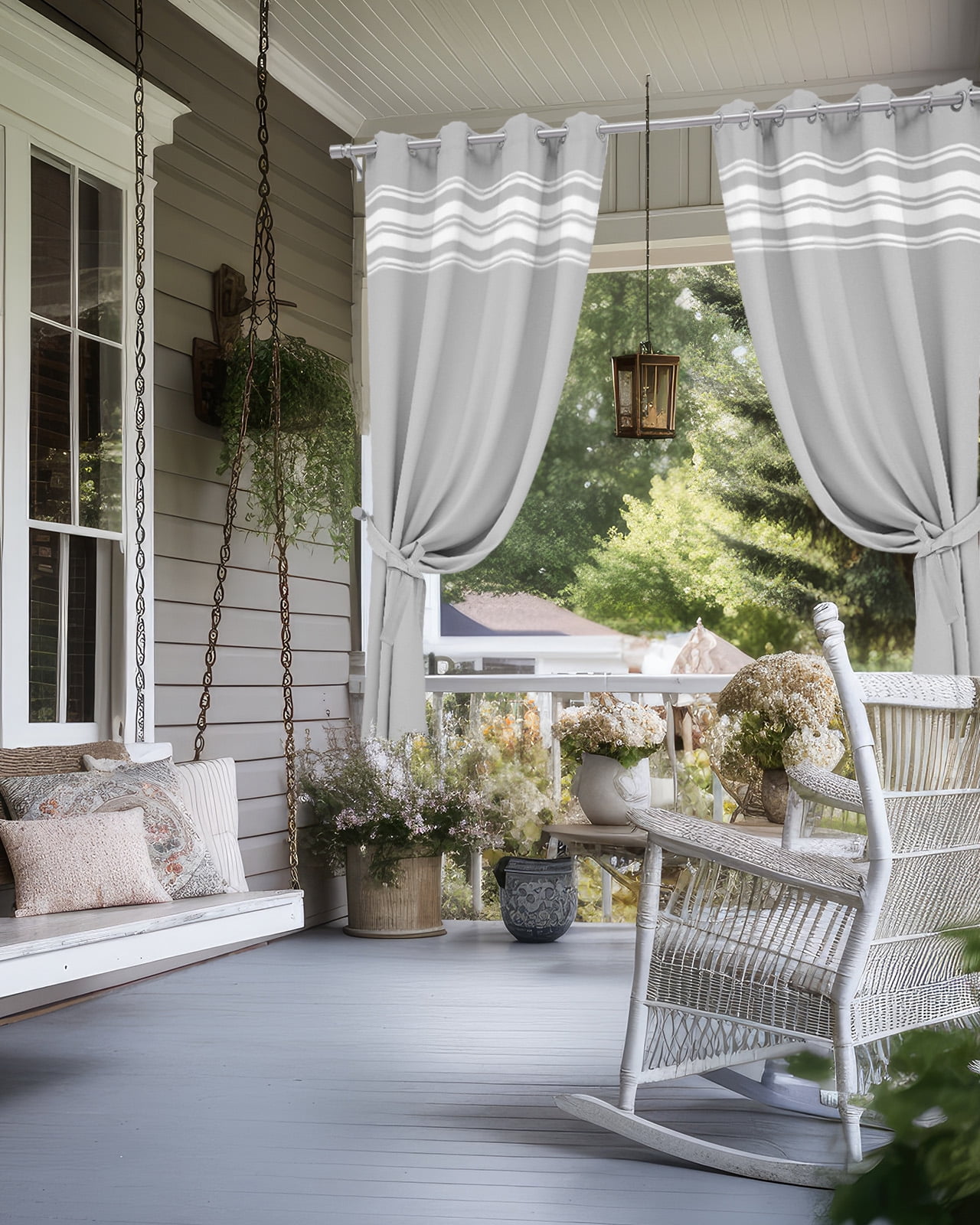 Outdoor Curtains for Patio, Grey Striped Waterproof Blackout Outside Curtain for Porch/Pergola/Gazebo, Luxurious White Stripes Modern Abstract Art Thermal Insulated Drapes, 2 Panels, 54 x 84 Inch