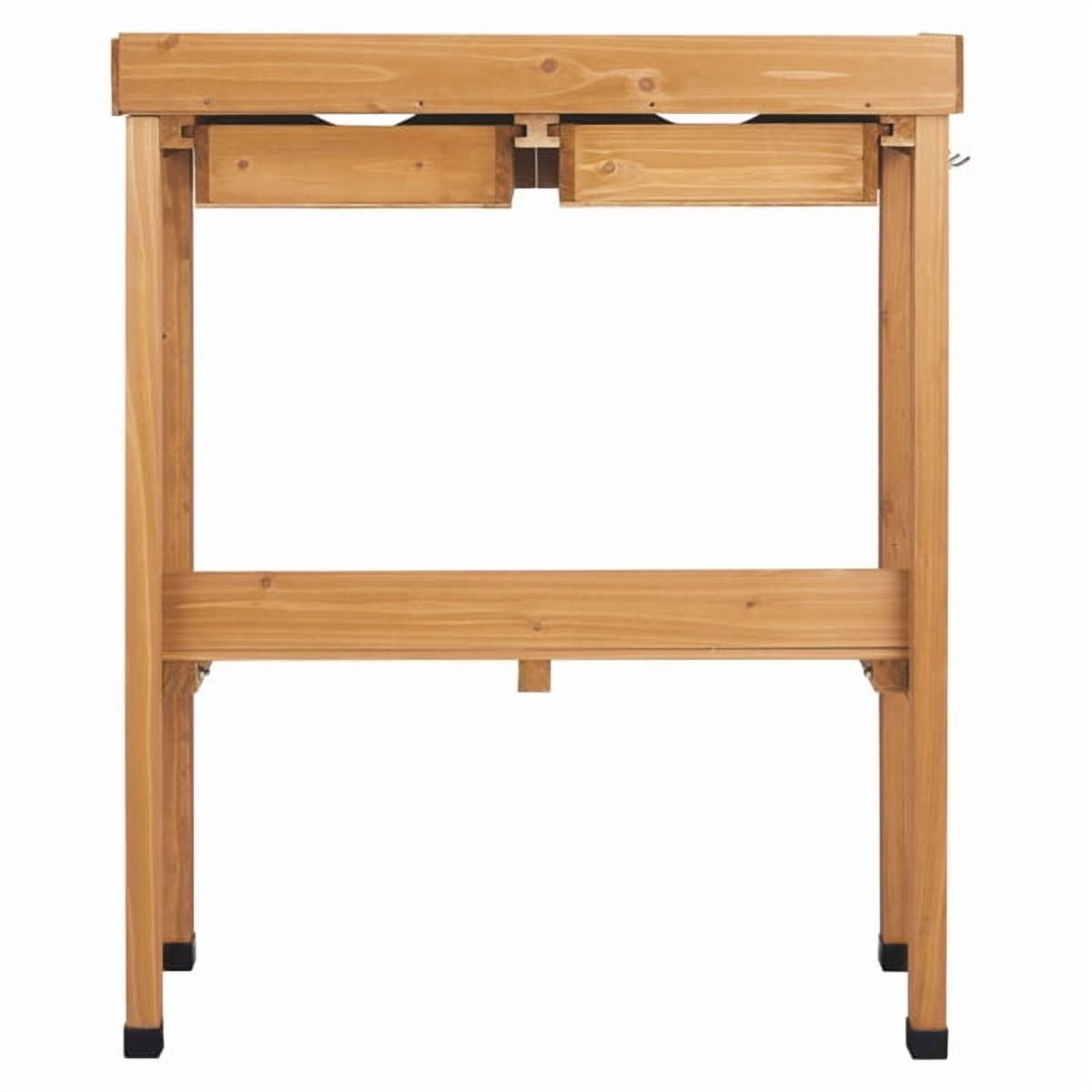 Outdoor Garden Potting Bench Table, Wooden Horticulture Planting Worstation with Metal Tabletop, 2 Drawers, Storage Shelf, 3 Hooks, Natural Wood