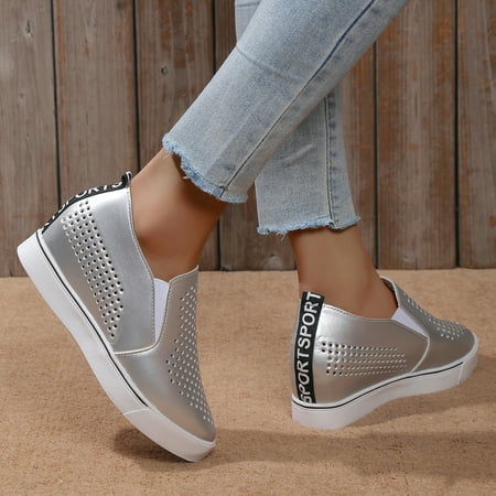 

Cathalem Leisure Women s Four Seasons Hollow Out Solid Color Non Slip Wedges Round Toe Breathable Slip On High Heels Women Summer Silver 8.5