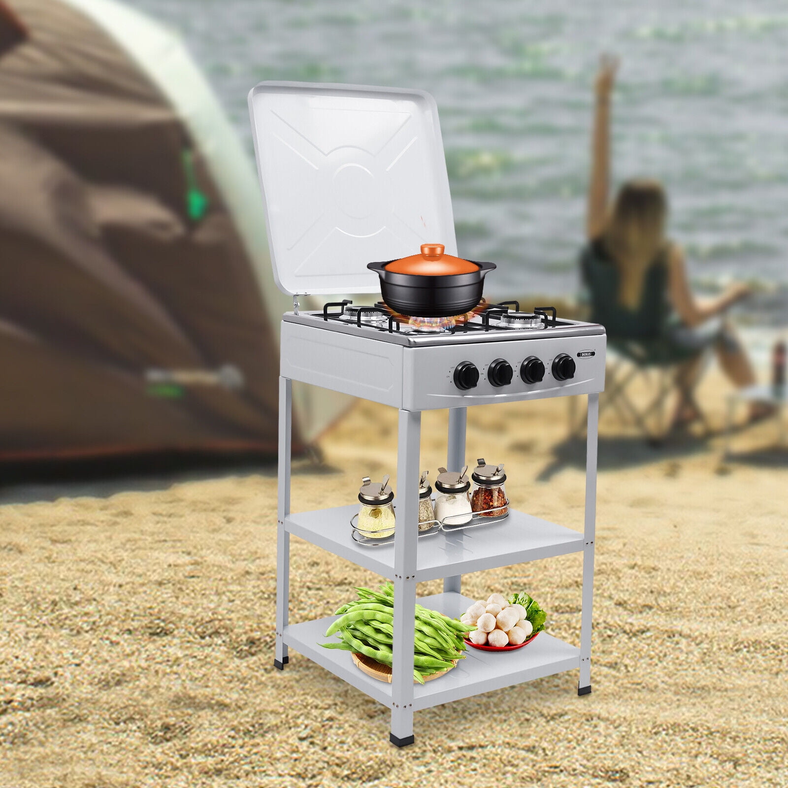 4-Burner Gas Stove with 2-Tier Storage Rack, Manual Ignition, High Efficiency & Durability for Home and Commercial Use