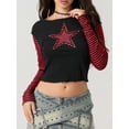 thumbnail image 2 of LMLYSoH Women T-shirt Long Sleeve Crew Neck Star Stripes Slim Fit Ladies Tops for Casual Daily, 2 of 9