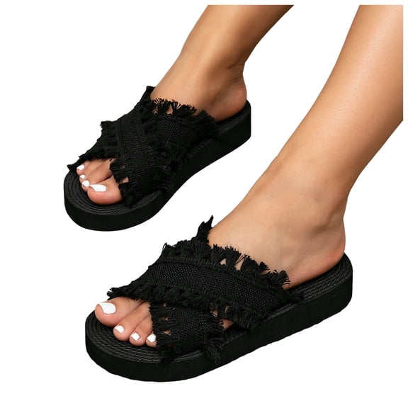 Rokment Women's Woven Fringe Platform Flat Backless Dress Sandals Bohemian Beach Yoga Mat Cushioned Comfortable Walking Slip on Slides Summer Shoes For Vacation Black Size 6