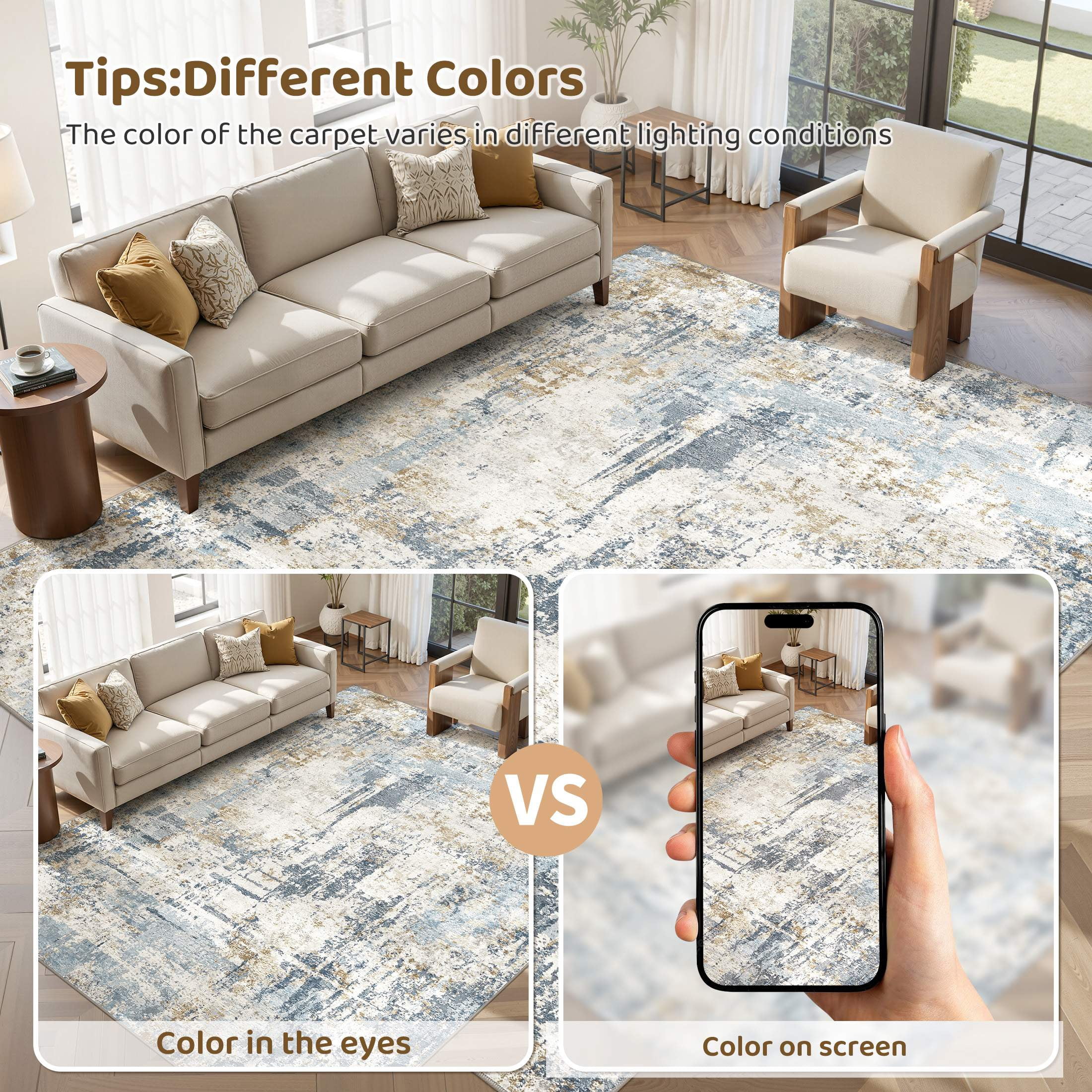 UERMEI 12'x15' Large Area Rugs for Living Room, Washable Non Slip Indoor Rug for Bedroom Home Decor Carpets, Modern Abstract Printed Carpet, Blue