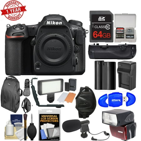 Nikon D500 Wi-Fi 4K Digital SLR Camera Body with 64GB Card + Backpack + Flash + LED Light + Mic + Battery & Charger + Grip + Kit