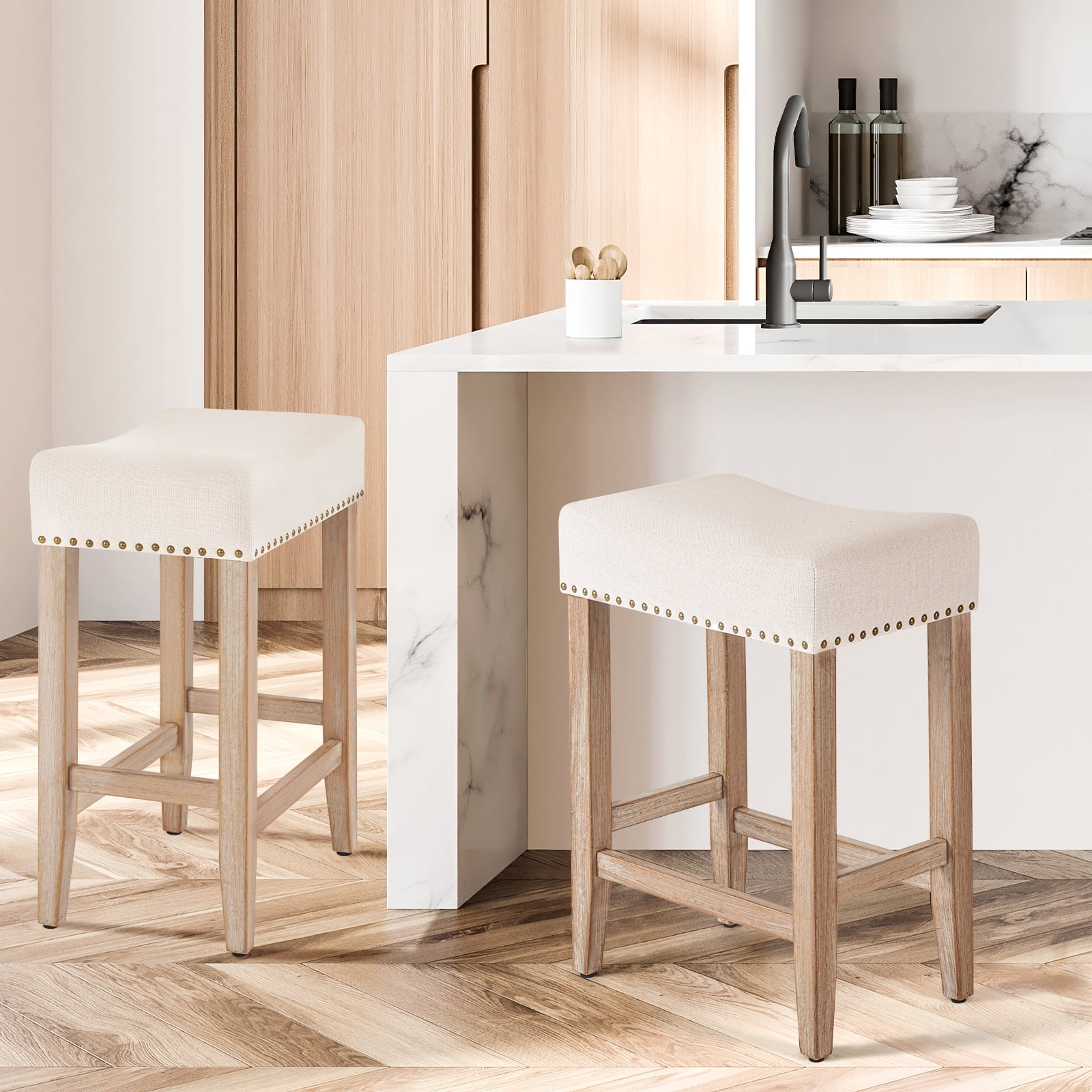 Furniliving 26" Counter Height Bar Stools, Linen Backless Saddle Seat Barstools, Set of 4,Beige