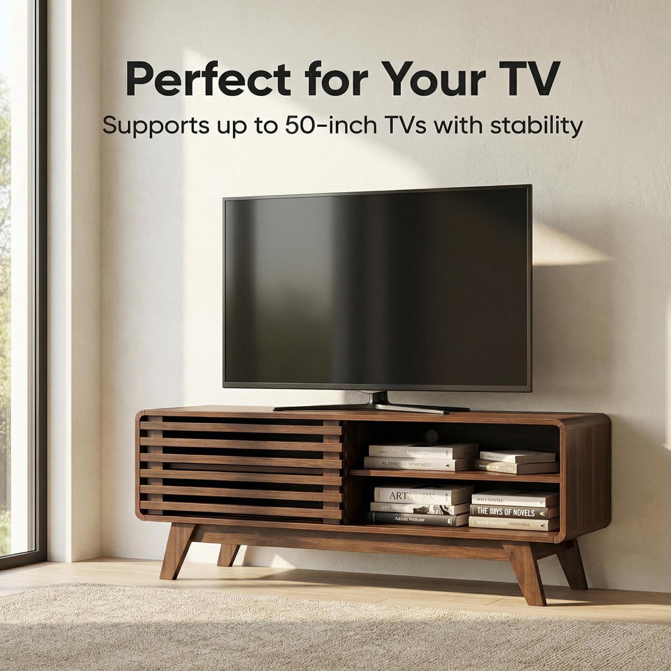 Noble House 46" TV Stand with Sliding Doors, Mid-Century Media Console for Living Room, Entertainment Center, Walnut