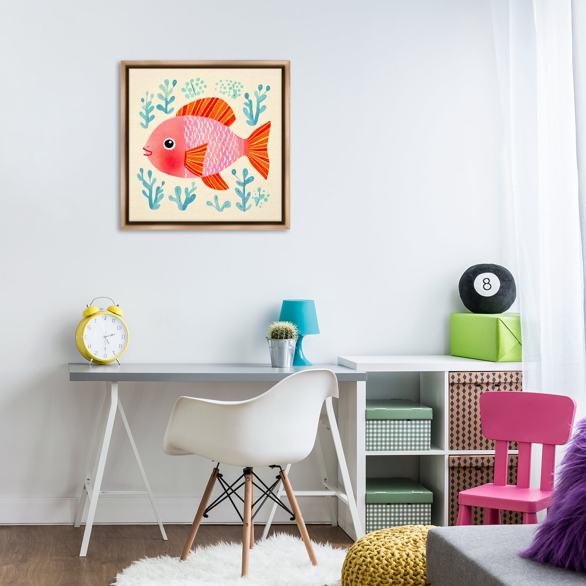 Stupell Industries Happy Fish & Seaweed Sprigs Animals Painting Brown Floater Framed Canvas Art Print Wall Art, 25 x 25