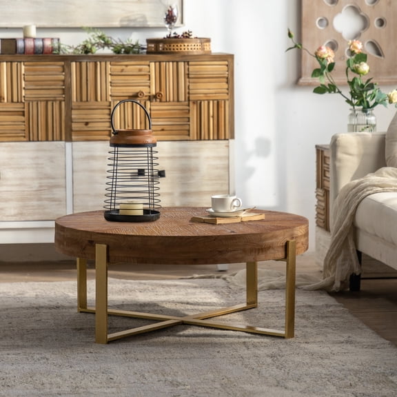 Llinc Store 31.29" Diameter Accent Table Retro Drawing Technology Splicing Round Coffee Table, Fir Wood Table Top With Gold Cross Legs Base, Gold