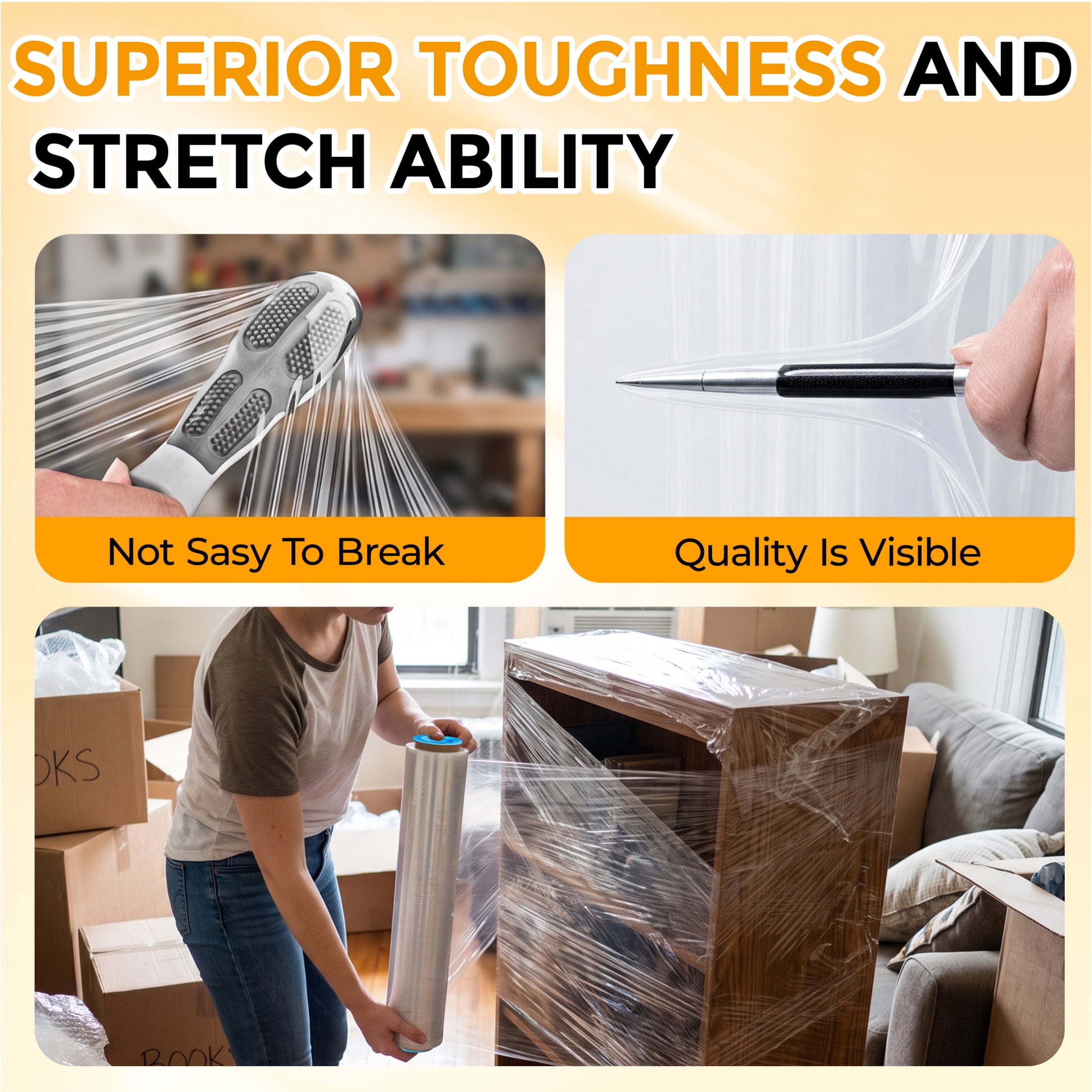 Noble House 15" x 1000FT Industrial Strength Clear Stretch Wrap Film Roll with Handles for Pallet Wrapping, 80 Gauge, 8 Pack