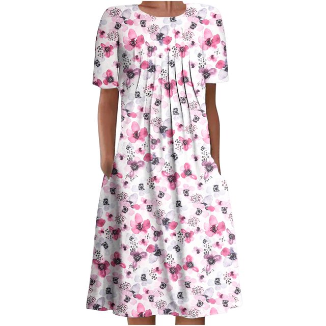 QJUHUNG Midi pour Femmes Été Décontracté en Vrac Boho Floral Imprimé Col Rond Manches Courtes Genou Longueur Robe Froncée avec Poches