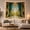 Gold Chandelier Between Teal Curtains and Garden Doorway, variant on Grand Palace Ballroom with Teal Curtains and Arched Windows, Serene Vintage for Art Lovers, Palace Wall Decor, Housewarming Gift, Tapestry Wall Hanging for Bedroom and Living Room