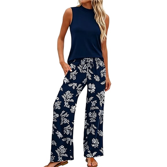 ZToonmas Women's 2 Piece Outfits Sleeveless Top and Loose Wide Leg Pants Set Casual High Waist Palazzo Pants Suit