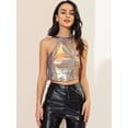 thumbnail image 2 of INSPIRE CHIC Top corto sin mangas elástico con cuello halter brillante y fiesta holográfica para mujer Azul M, 2 of 6