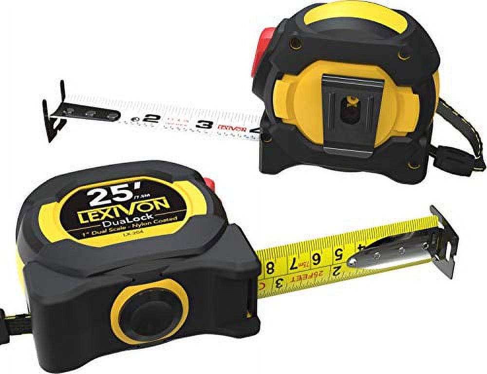 LEXIVON [2-Pack] 25Ft/7.5m Tape Measure, DuaLock  AutoLock 1-Inch Wide  Blade with Nylon Coating, Matt Finish White  Yellow Dual Sided Rule Print  Ft/Inch/Fractions/Metric (LX-204)