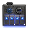 thumbnail image 1 of HAHDAXIA 4 Gang Waterproof Marine Boat Rocker Switch Panel with 12V/24V Dual USB Slot Socket + Voltmeter Blue LED Backlight for Car SUV Marine RV Truck Camper Boat, 1 of 7